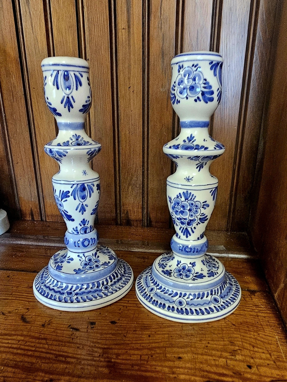 Dutch Delft Faience Blue & White  Candle Holders, a Pair